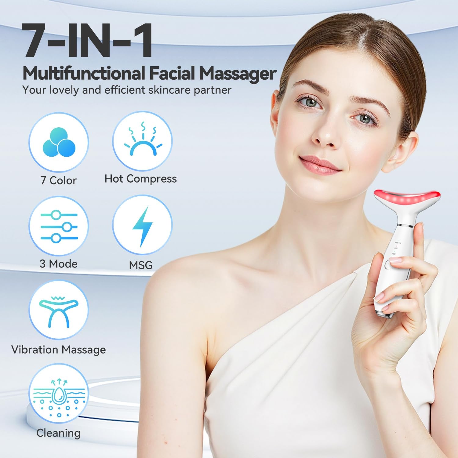 Transform Your Skincare Routine with the Ultimate 7-Color Facial Massager – Your At-Home Spa Solution in Stylish White